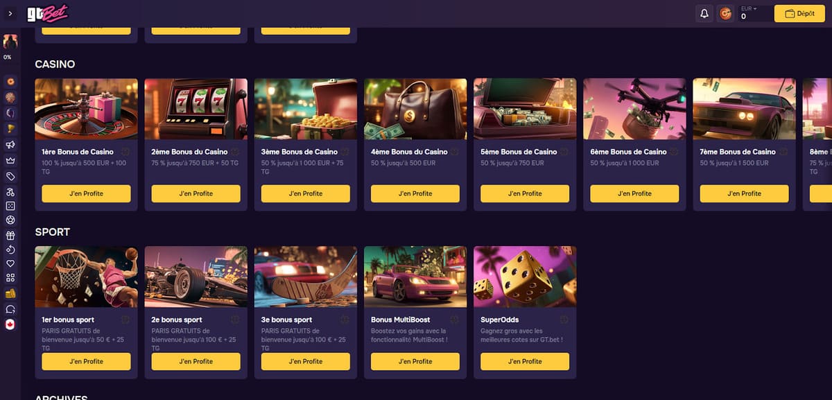 Panel de códigos promocionales activos en GT Bet Casino