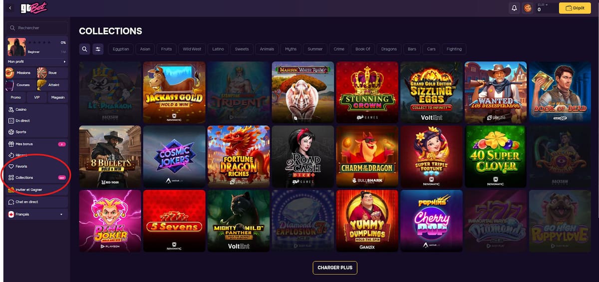 Catálogo de juegos accesible al verificar la cuenta de GT Bet