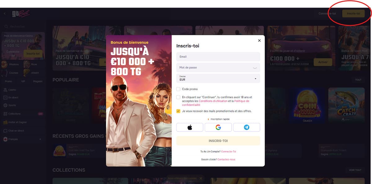 Pantalla del cajero móvil con los métodos de pago de GT Bet listados