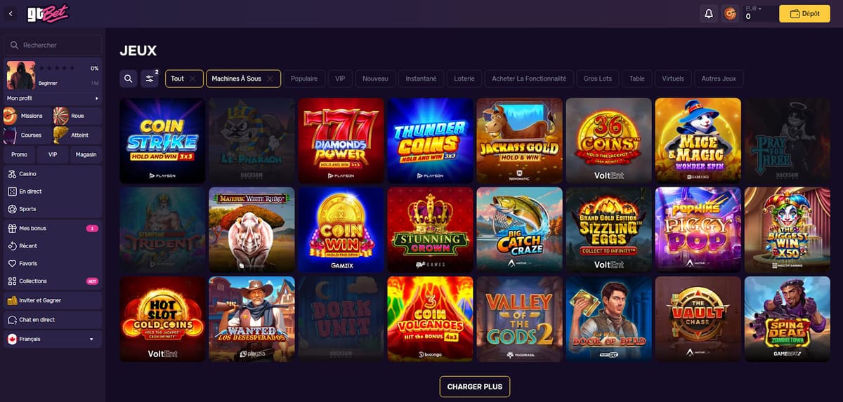 Lobby de tragaperras de GT Bet visualizado en la PWA con filtros por proveedor