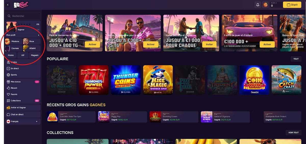 Misiones del lobby con códigos asociados en GT Bet